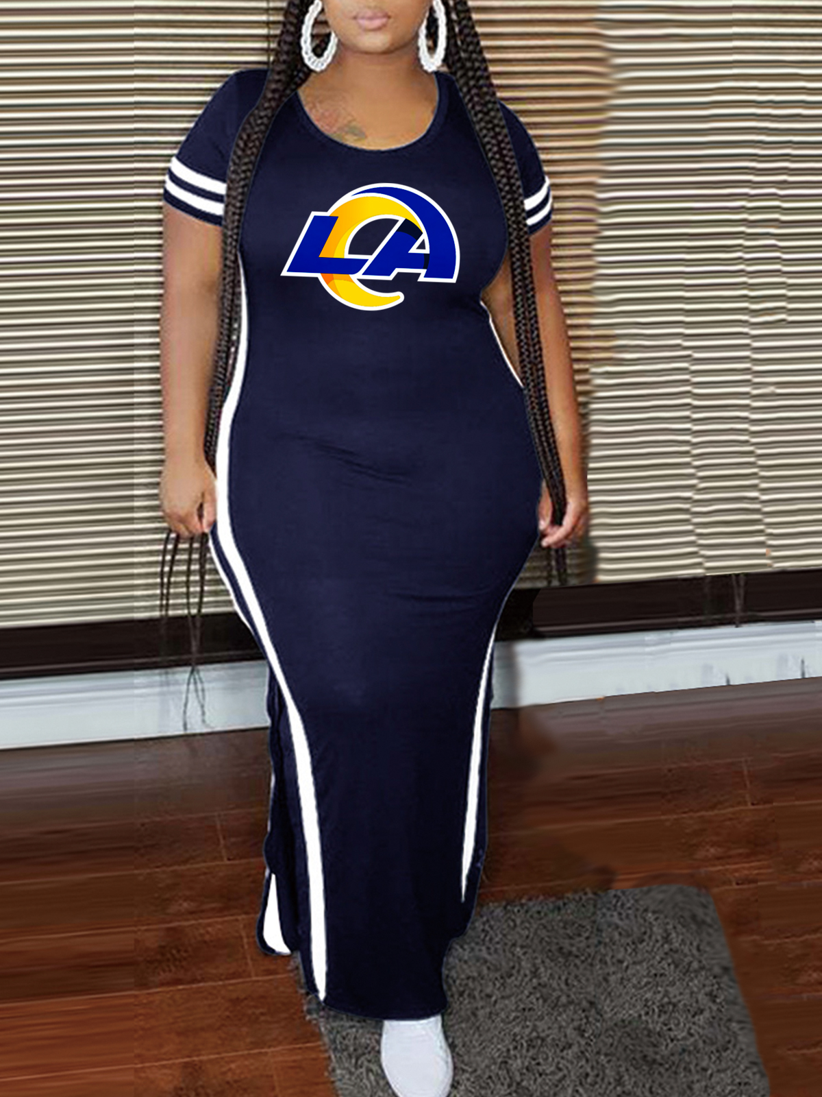 Los Angeles Rams Crew Neck Short Sleeve Striped Colorblock Dress