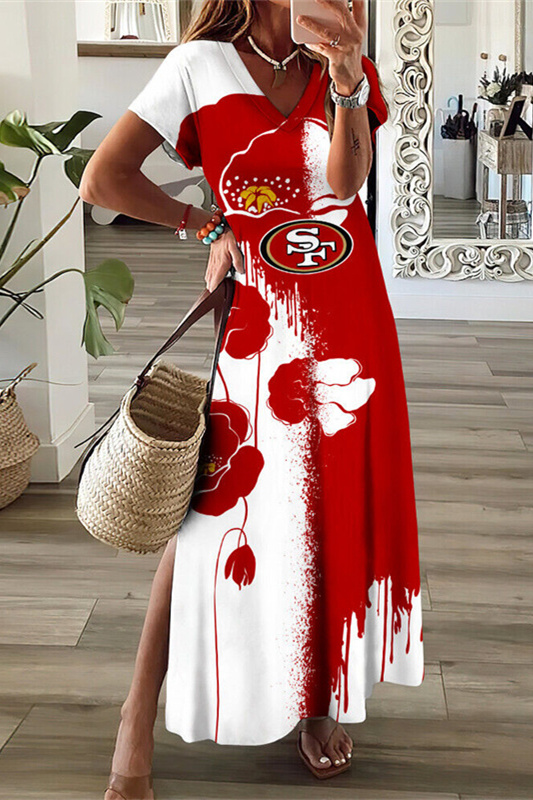 San Francisco 49ers V-Neck Sexy Side Slit Long Dress