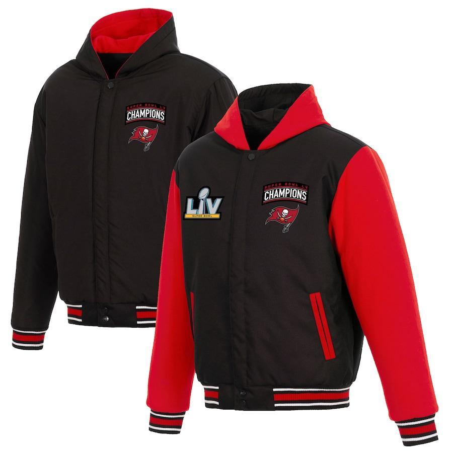 TAMPA BAY BUCCANEERS SUPER BOWL LV CHAMPIONS REVERSIBLE HOODED FLEECE AND POLY-TWILL FULL-SNAP JACKET - BLACK