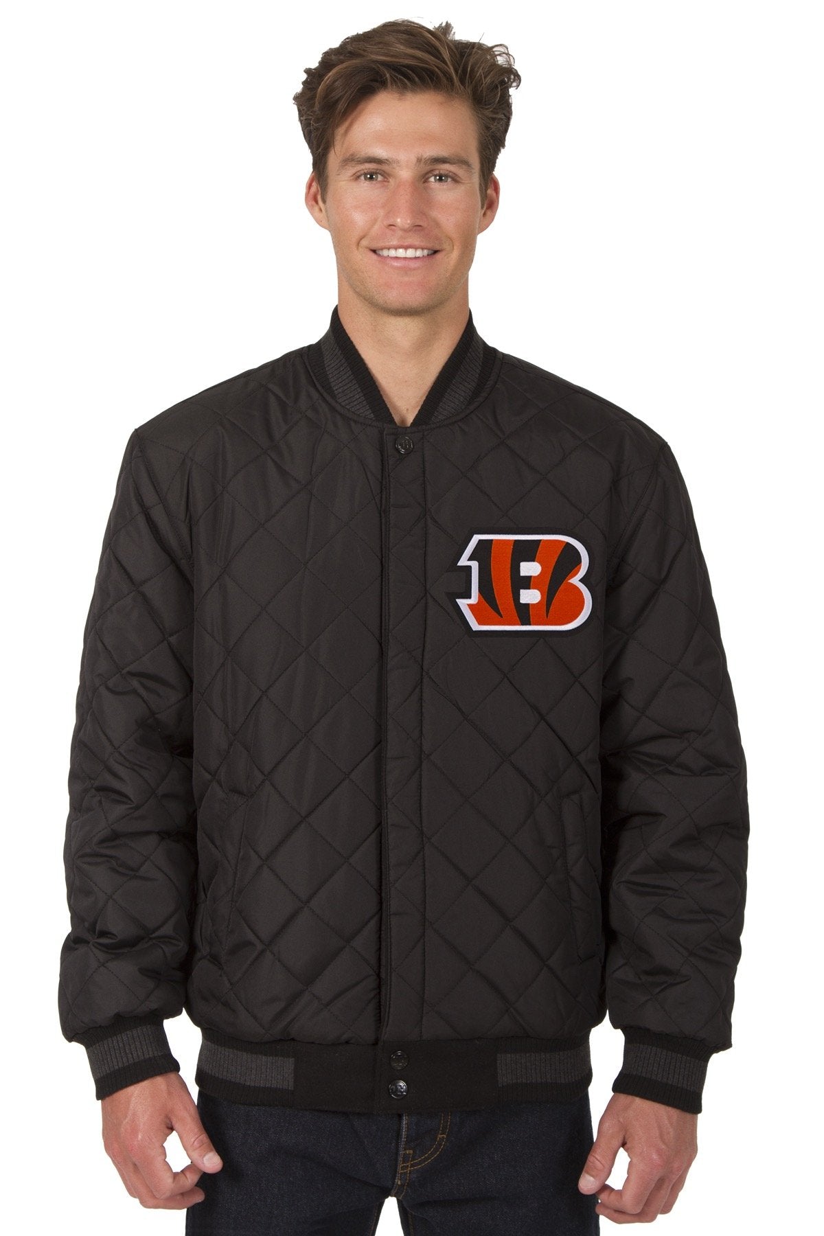 CINCINNATI BENGALS WOOL & LEATHER REVERSIBLE JACKET W/ EMBROIDERED LOGOS - BLACK