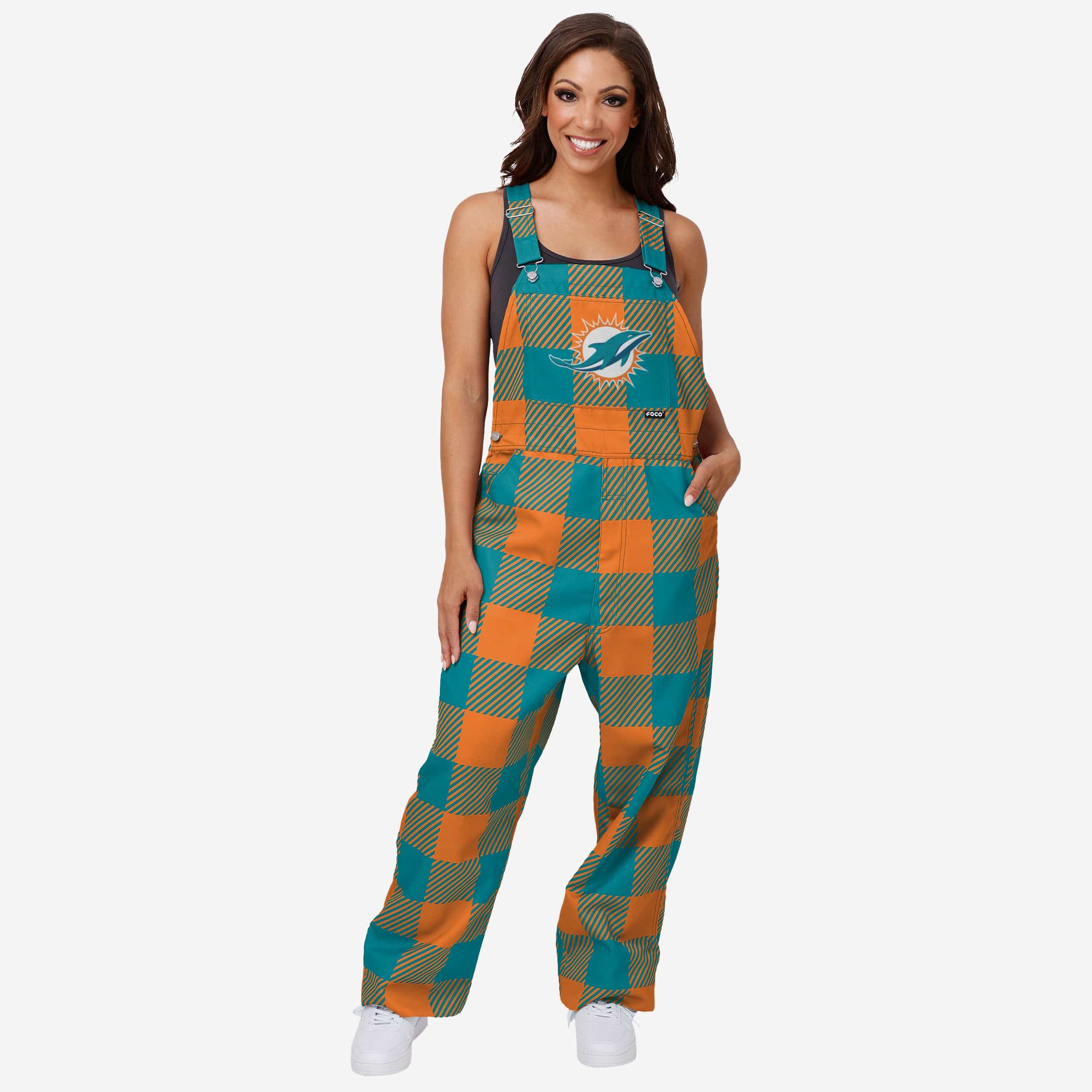 Miami Dolphins Womens Plaid Bib Overalls