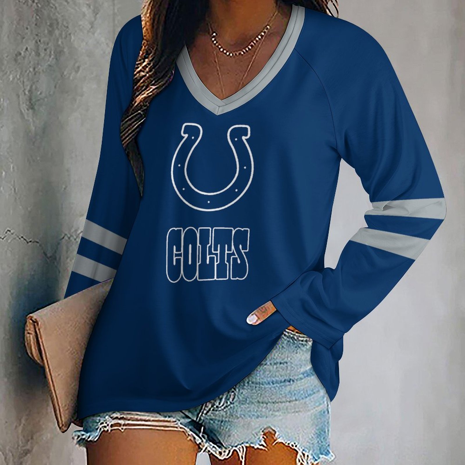 Indianapolis Colts Women's V-neck Double-layered Long-sleeved Loose T-shirt