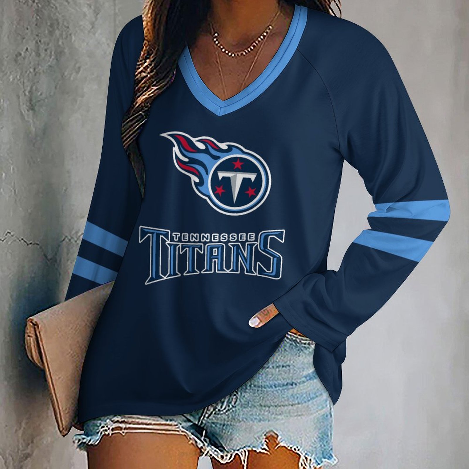 Tennessee Titans Women's V-neck Double-layered Long-sleeved Loose T-shirt