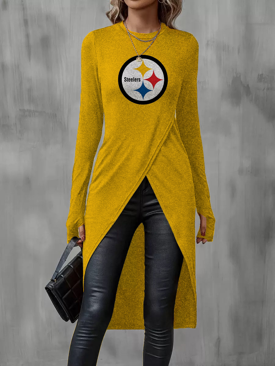Long Sleeve Crew Neck Split Hem Tulip Top