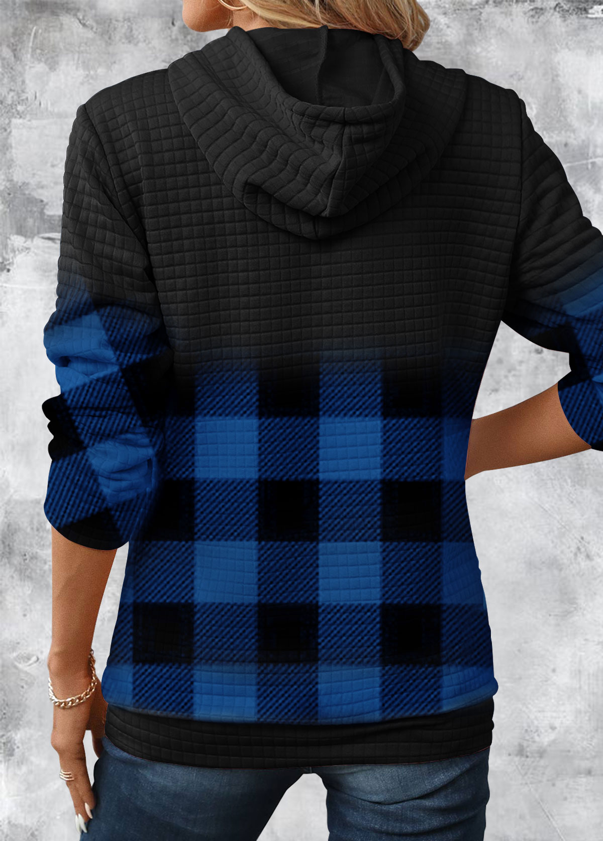 Gradient Patchwork Plaid Long Sleeve Hoodie