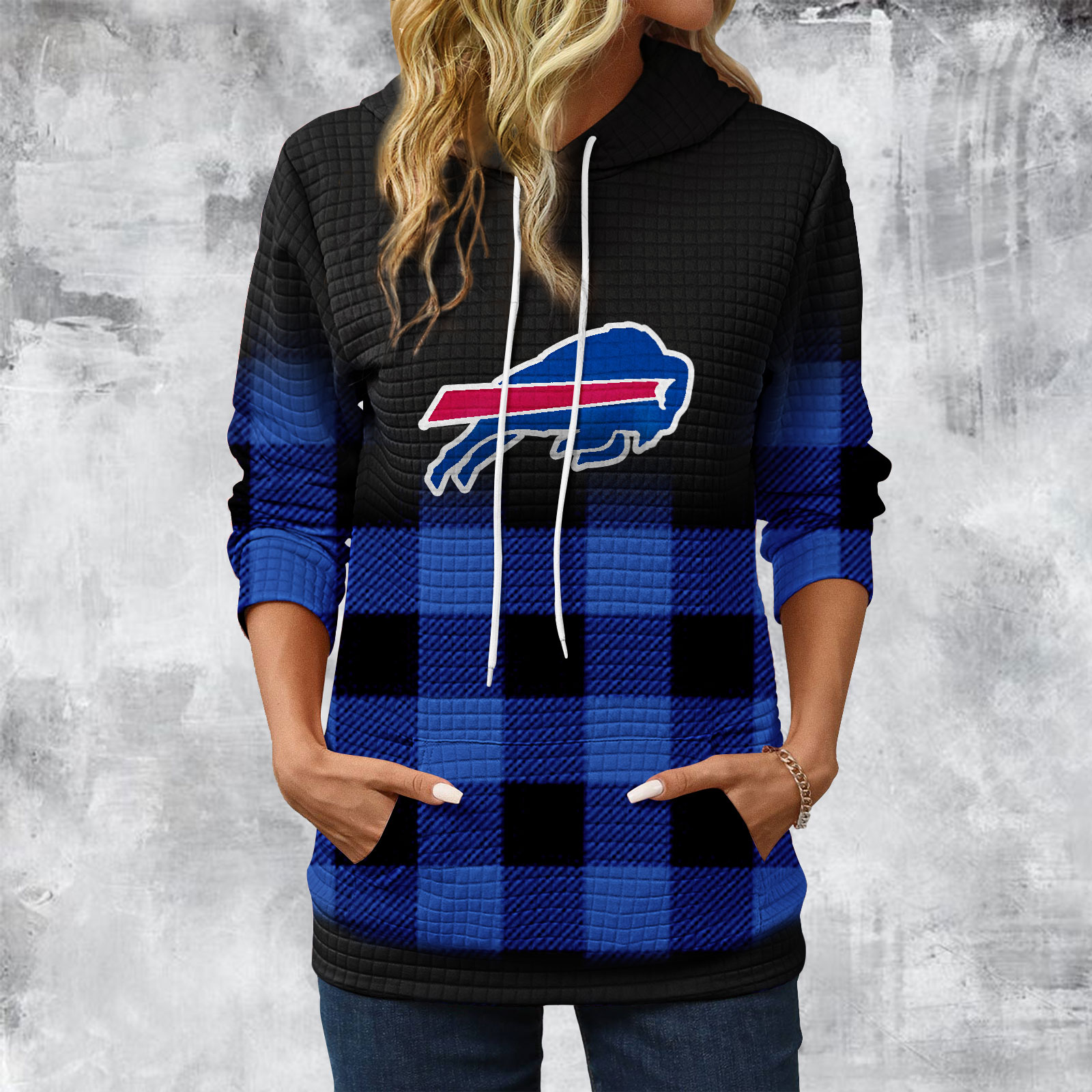 Gradient Patchwork Plaid Long Sleeve Hoodie