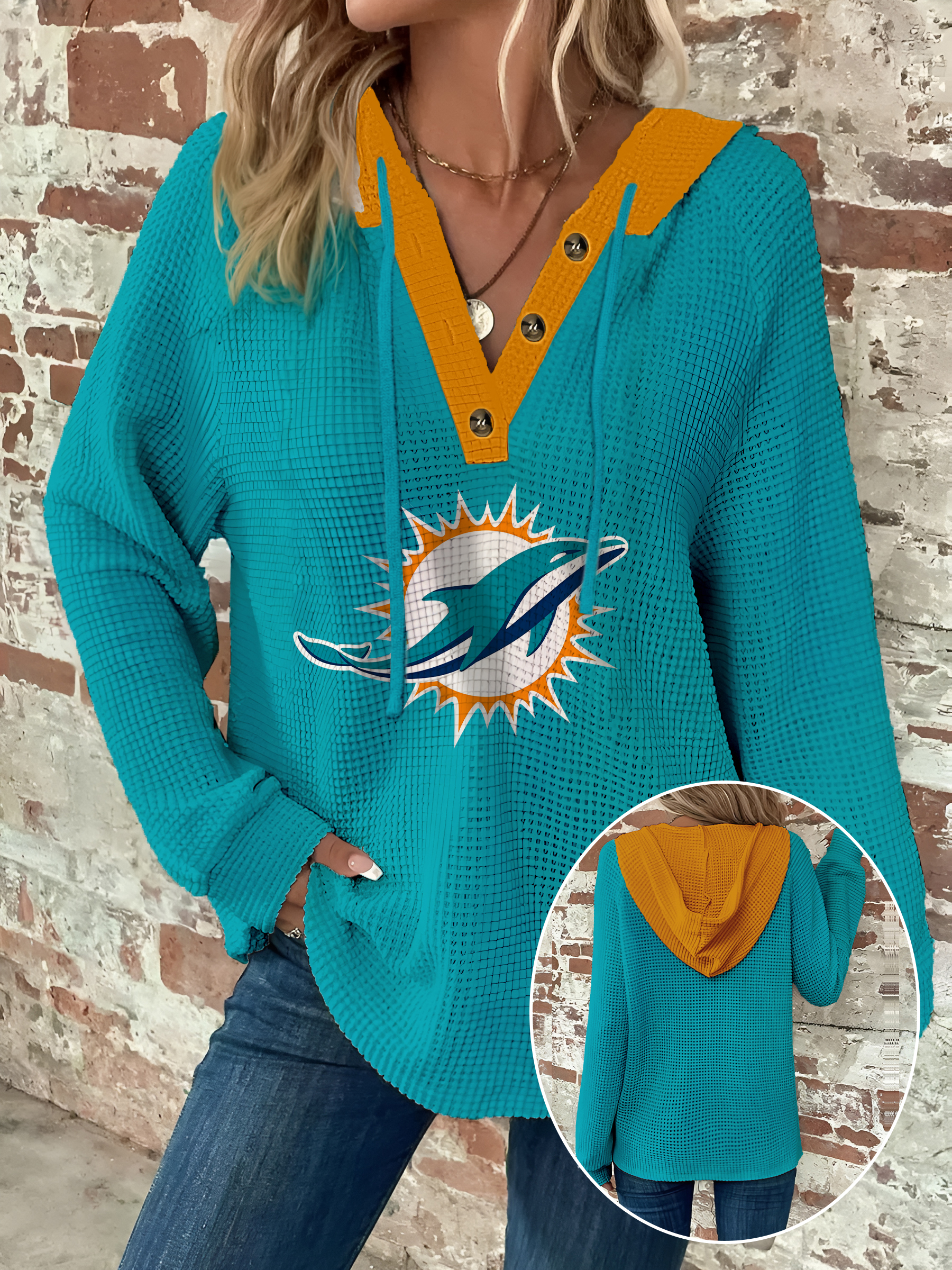 Half Button Raglan Sleeve Drawstring Hoodie