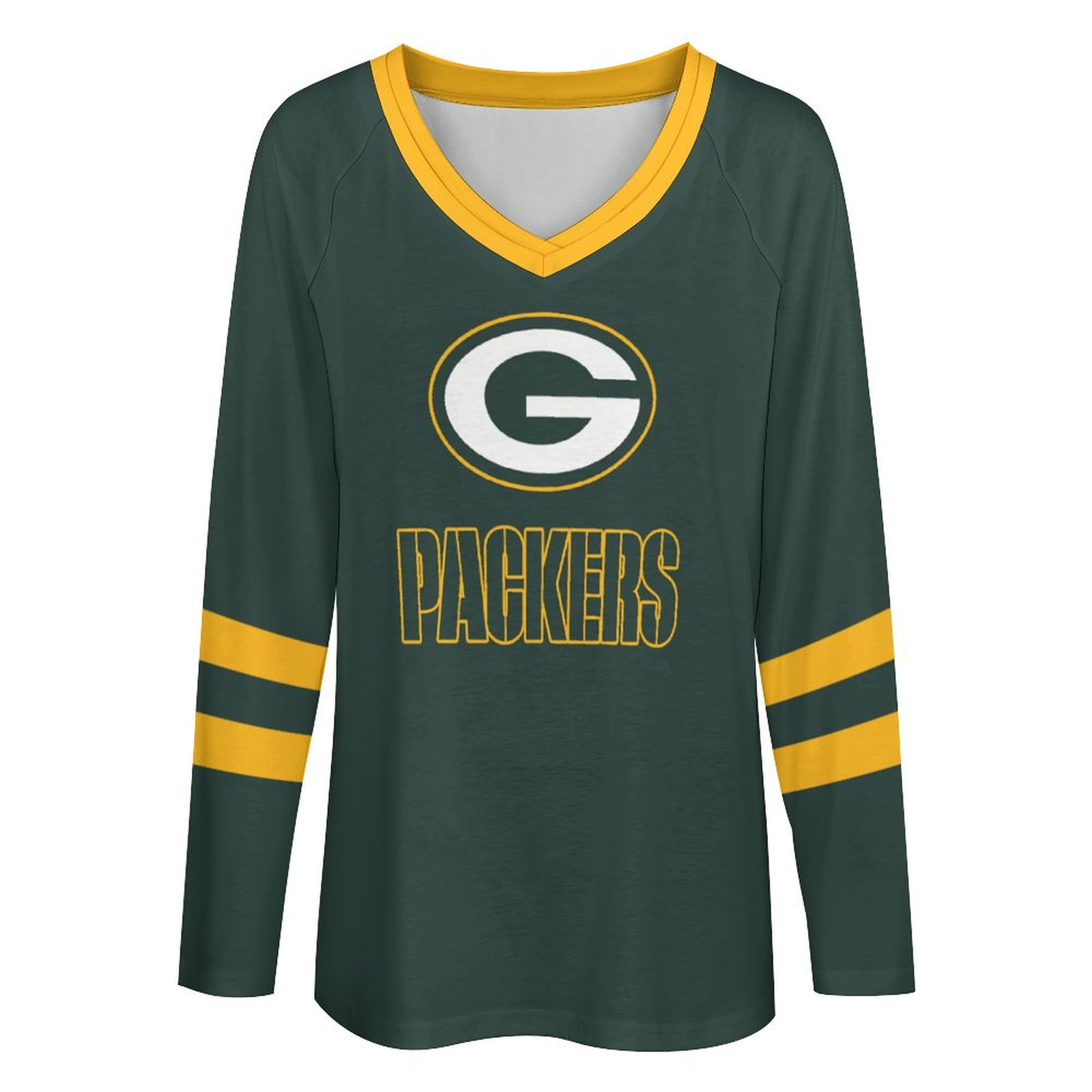 Green Bay Packers Women's V-neck Double-layered Long-sleeved Loose T-shirt