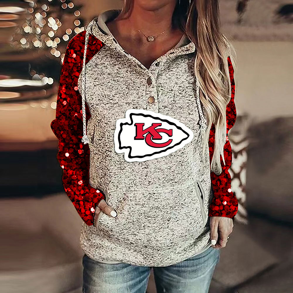 Casual Sequined Sleeves Loose Stitched Print Hoodie