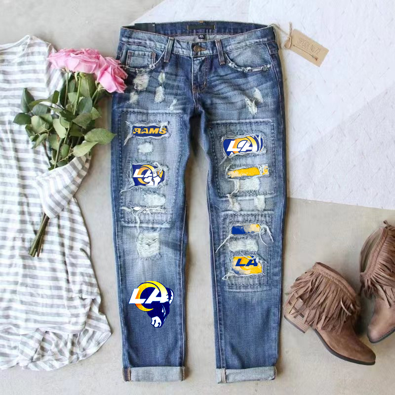 STRETCH RIPPED FRAYED RAW HEM DISTRESSED DENIM JEANS WITH HOLE