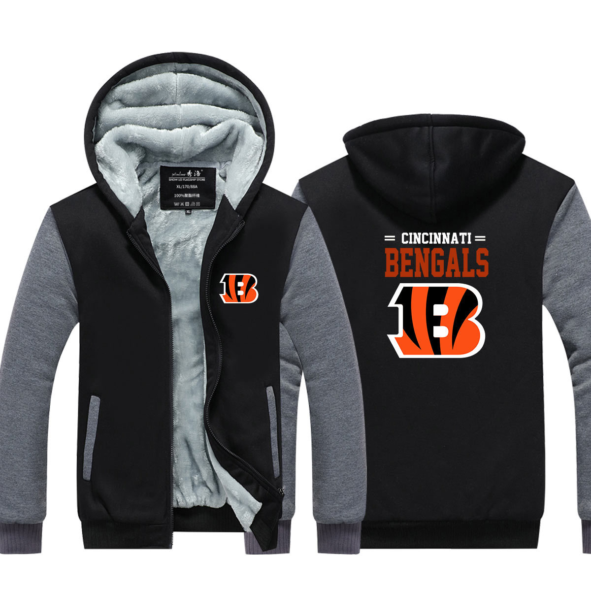 Rugby Cincinnati Bengals denim sweater jacket plus velvet thick men's warm cotton jacket