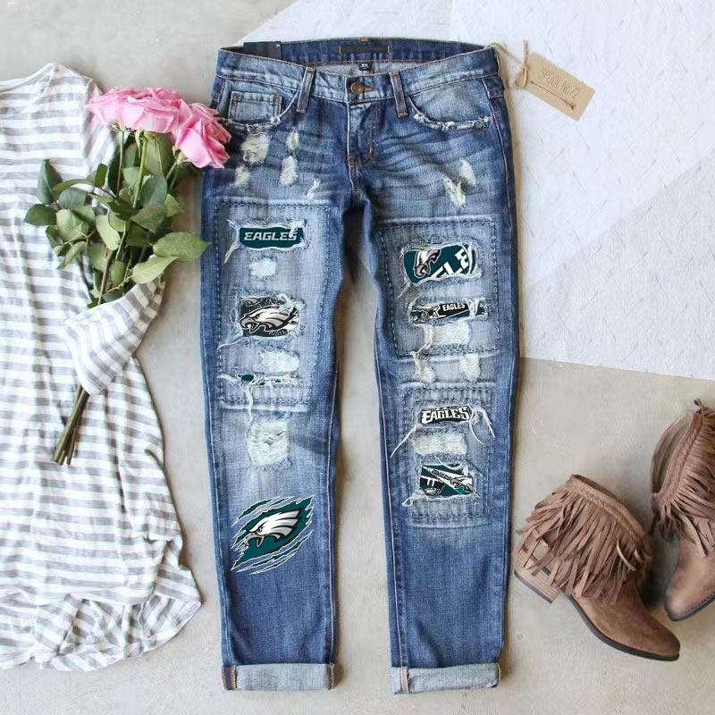 casual fashion perforated printed jeans