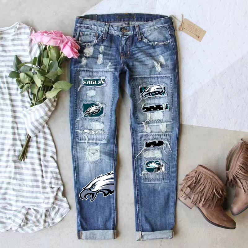 STRETCH RIPPED FRAYED RAW HEM DISTRESSED DENIM JEANS WITH HOLE