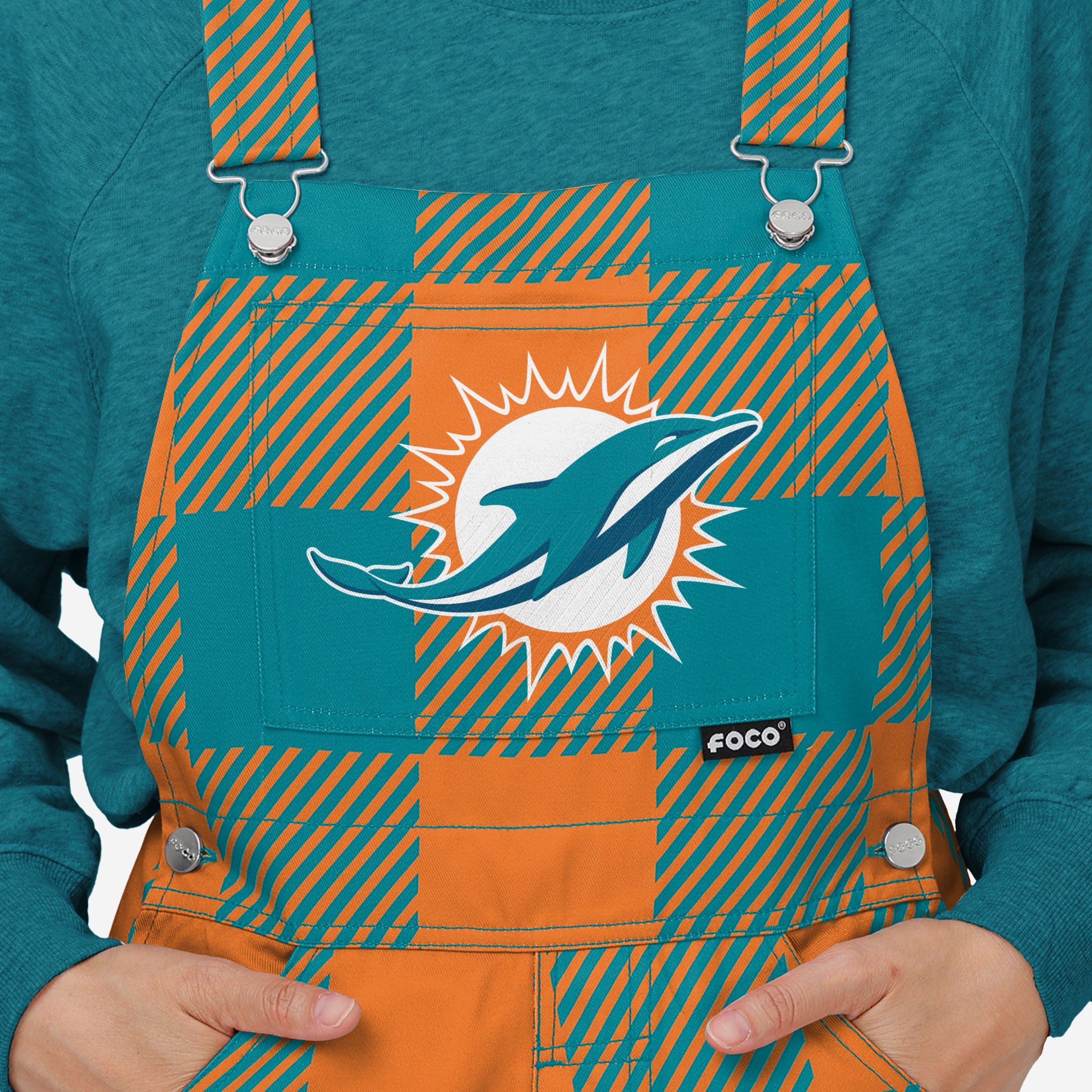 Miami Dolphins Womens Plaid Bib Overalls