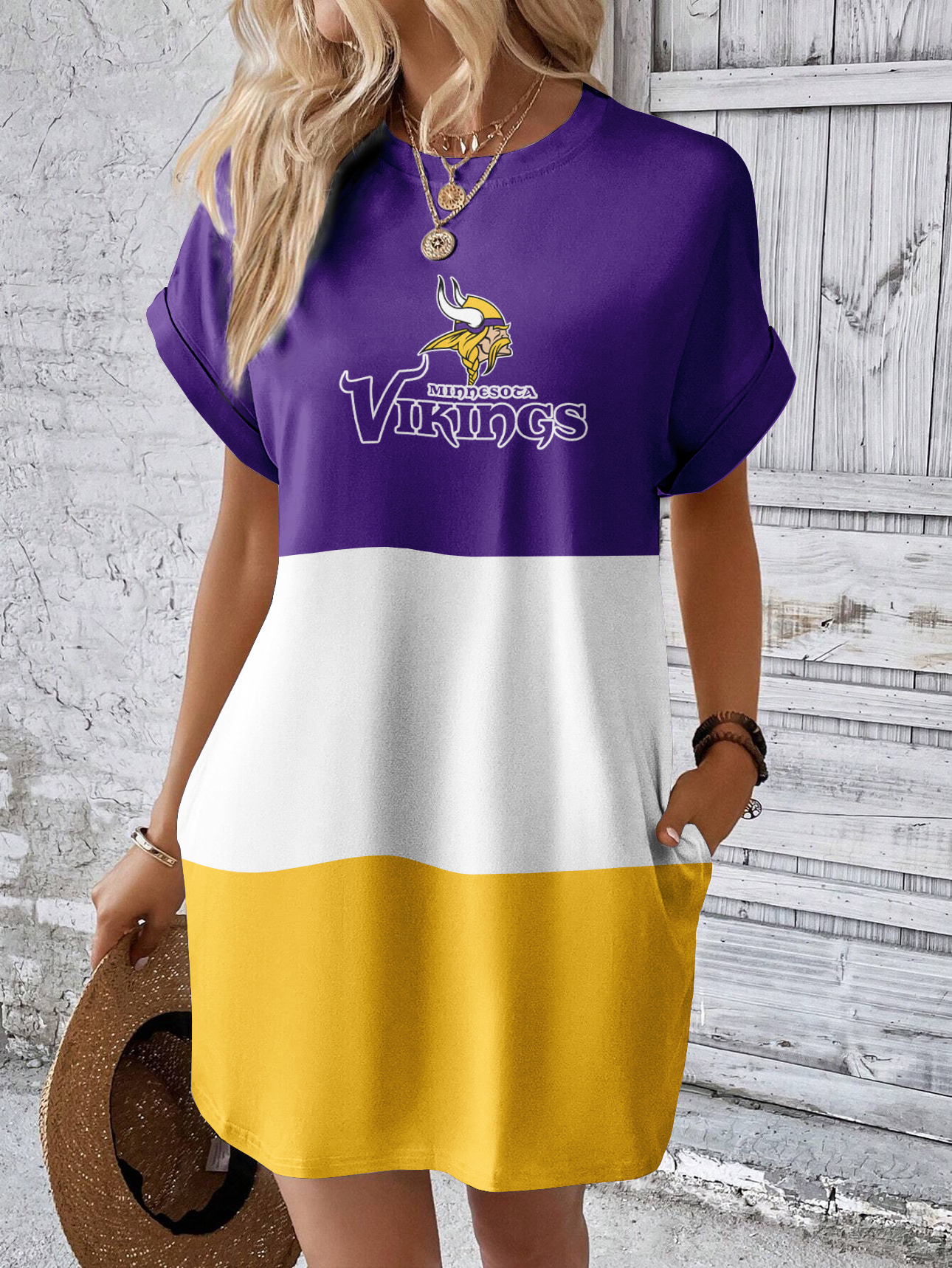 Minnesota Vikings Solid Hidden Pocket Batwing Sleeve Tee Dress