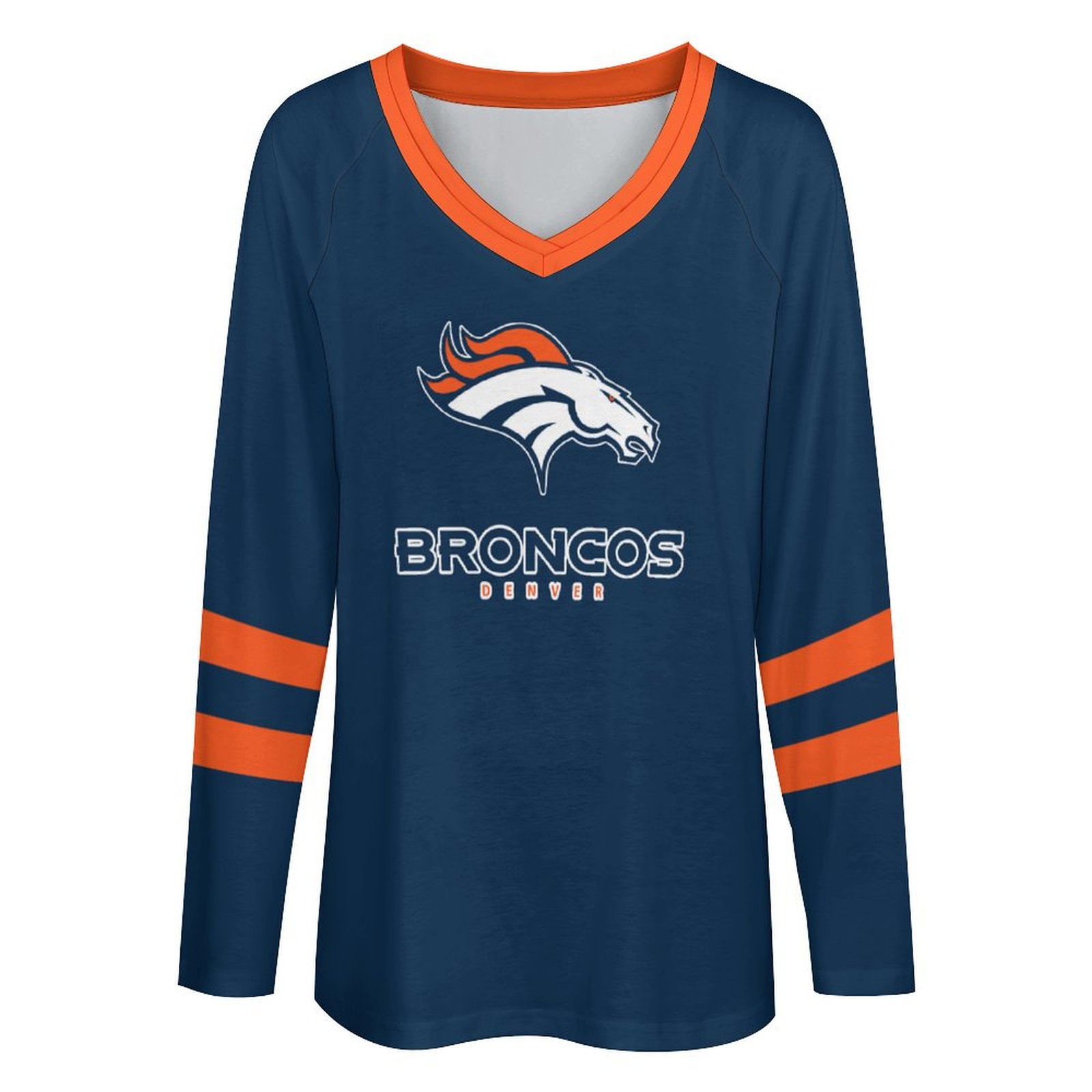Denver Broncos Women's V-neck Double-layered Long-sleeved Loose T-shirt