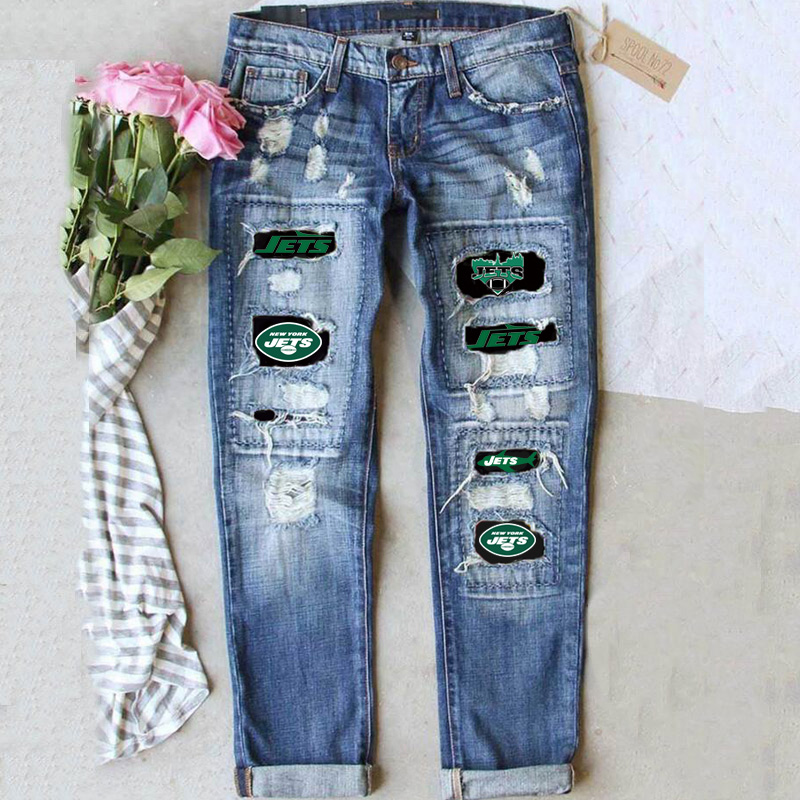 casual fashion perforated printed jeans