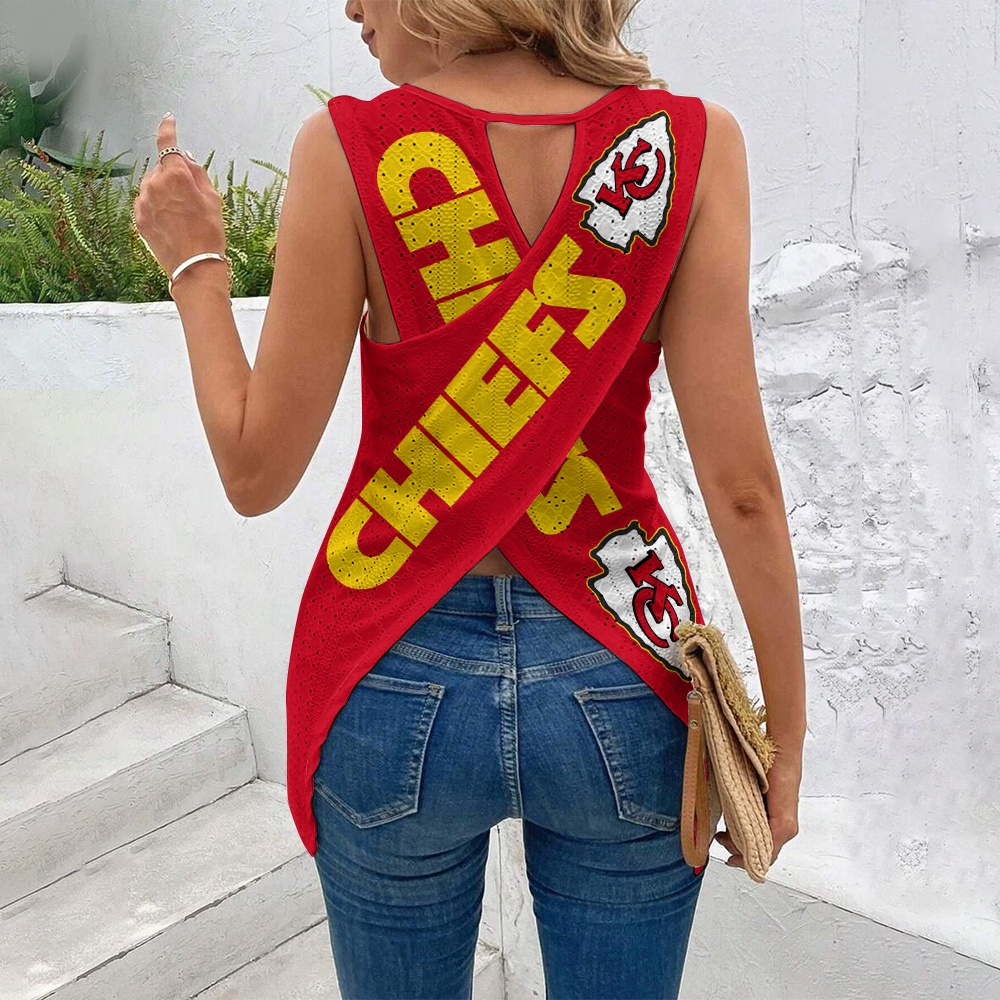 Kansas City Chiefs Cut Out Wrap Cross Wrap Back Asymmetrical Beach Tank Top