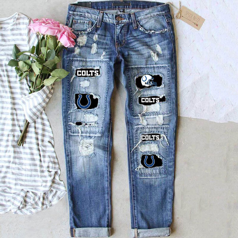 casual fashion perforated printed jeans
