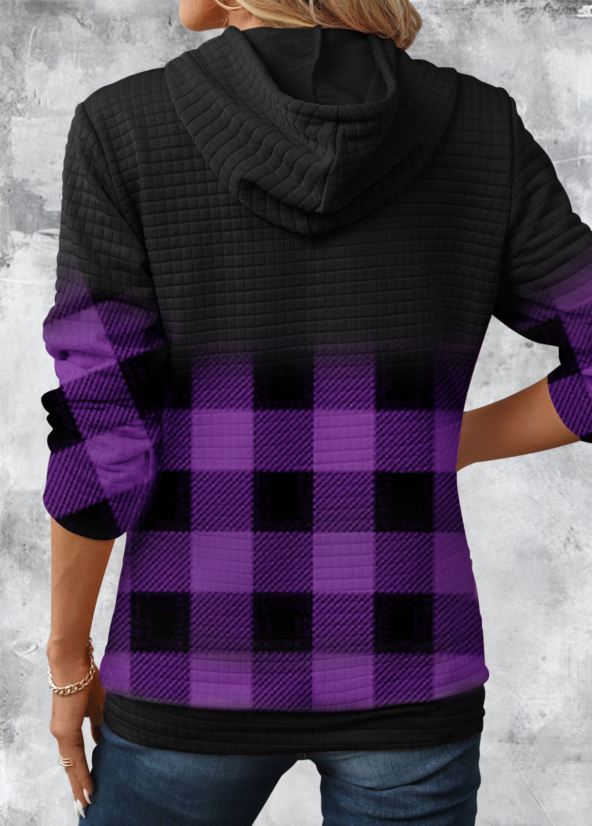 Gradient Patchwork Plaid Long Sleeve Hoodie
