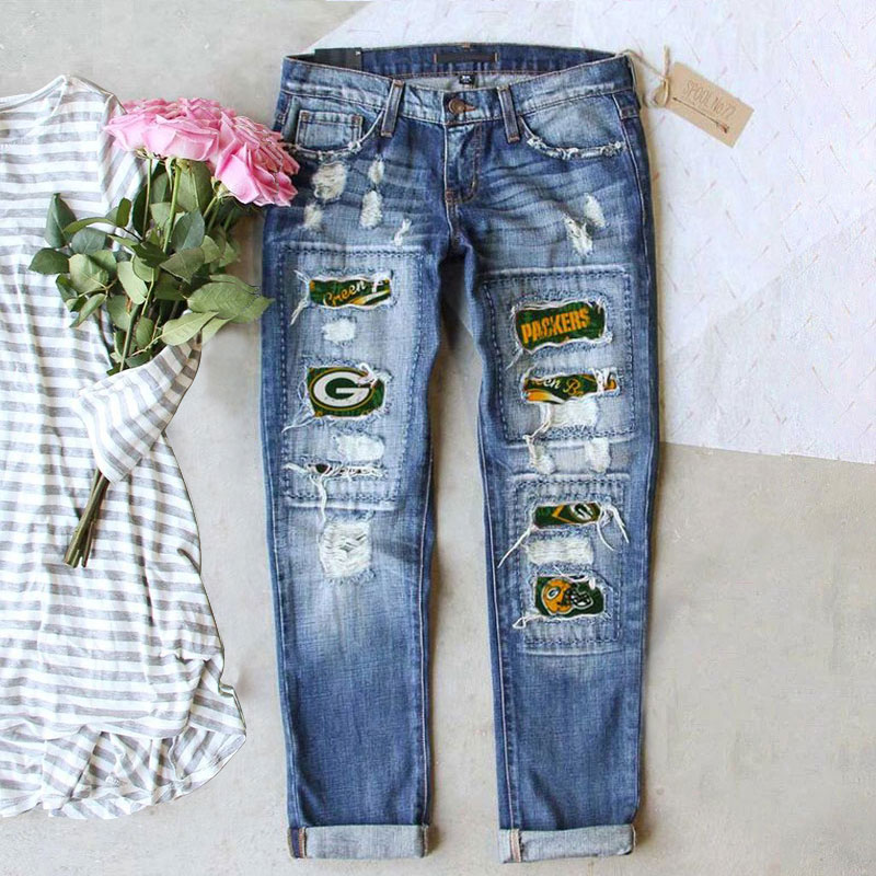 casual fashion perforated printed jeans