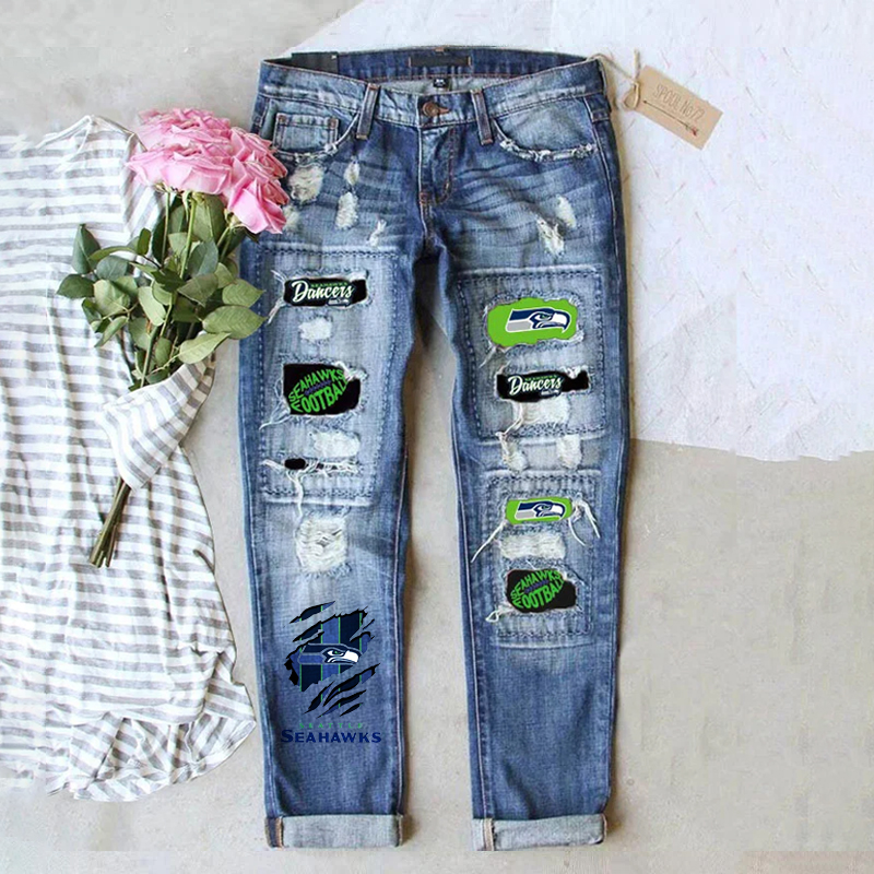 casual fashion perforated printed jeans