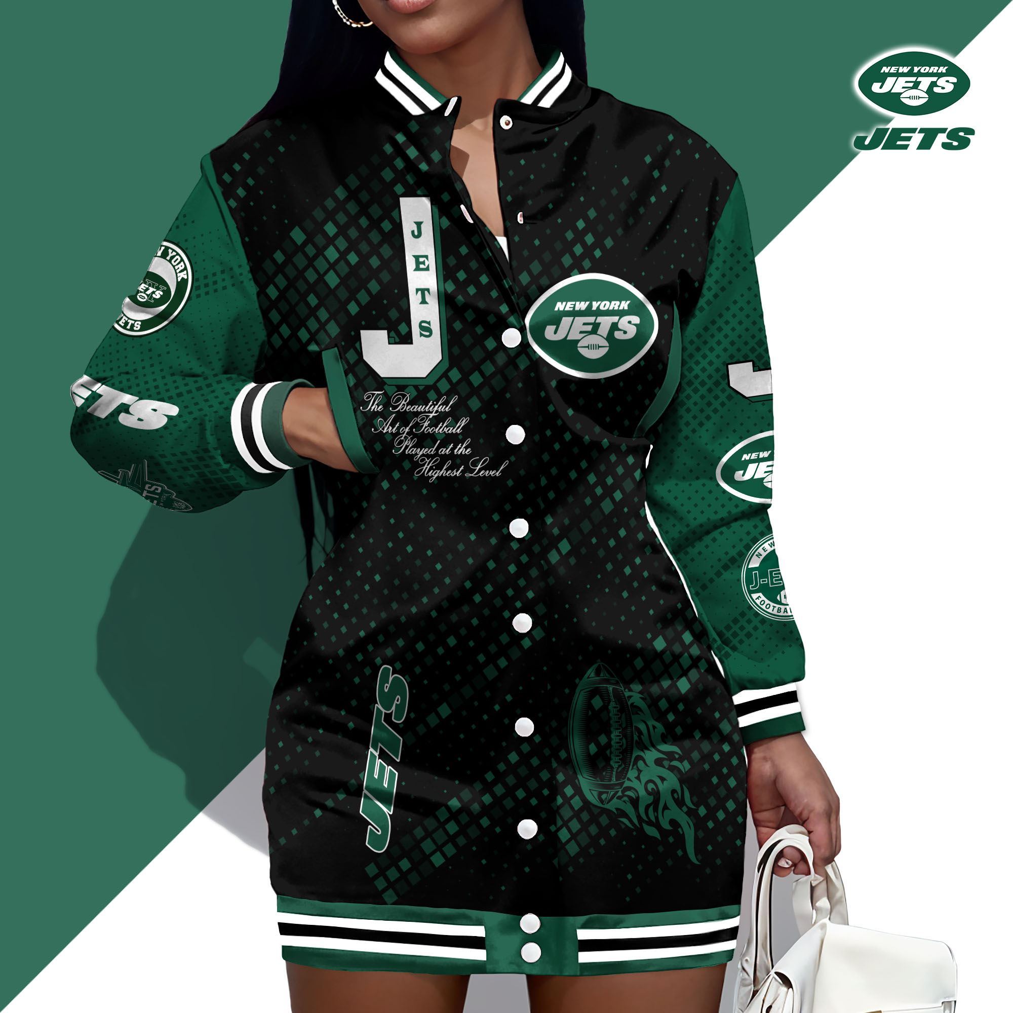 New York Jets Limited Edition Button Down Long Sleeve Jacket Dress