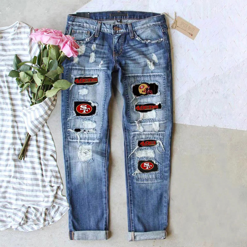 casual fashion perforated printed jeans