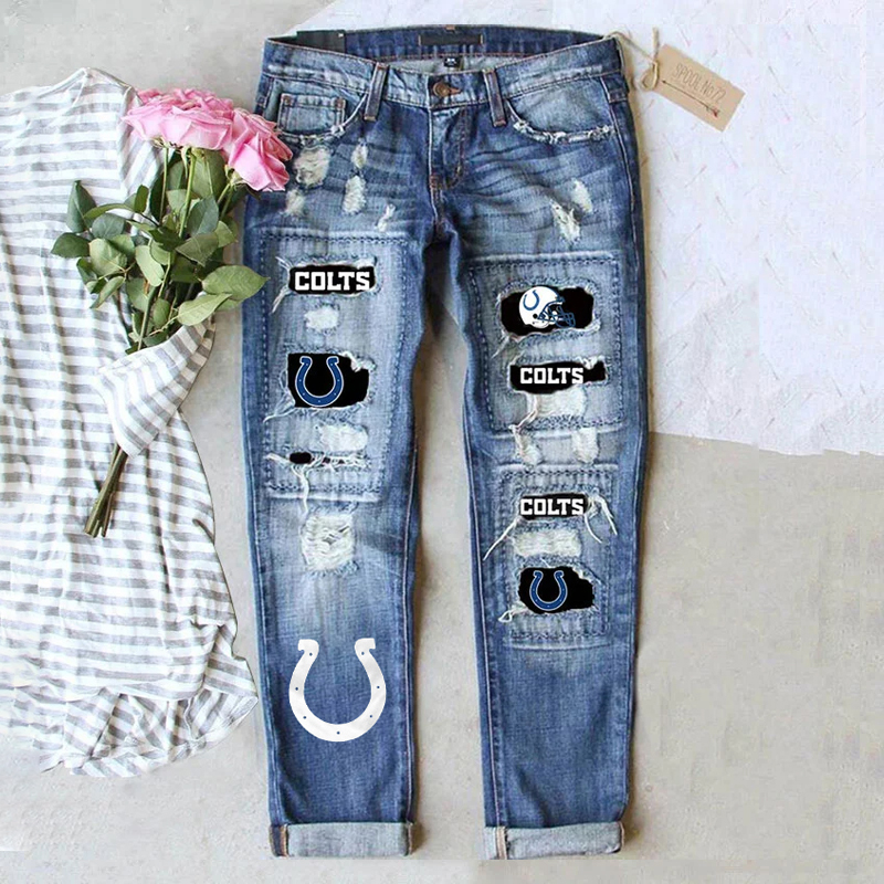 casual fashion perforated printed jeans