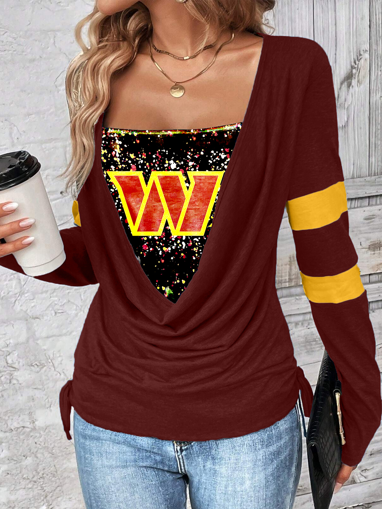 Contrast draped side drawstring T-shirt