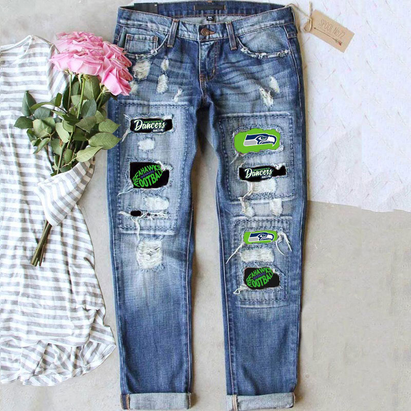 casual fashion perforated printed jeans