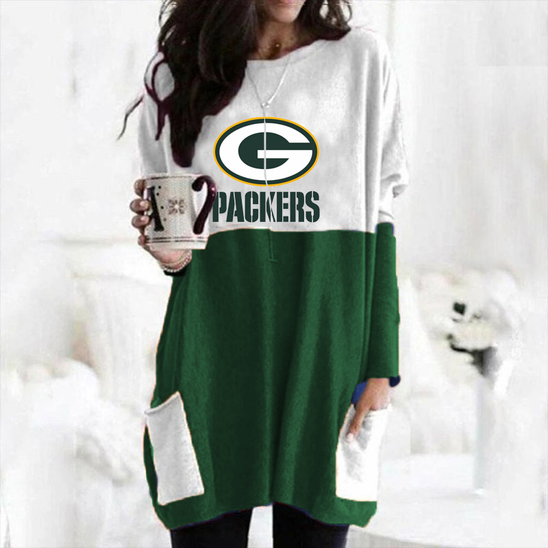 simple casual color blocking loose pocket Long Sleeve Dress