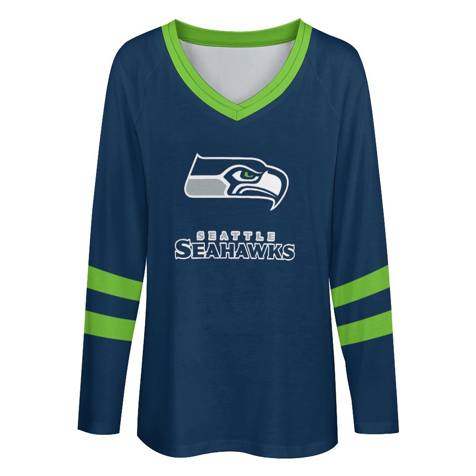 Seattle Seahawks Women's V-neck Double-layered Long-sleeved Loose T-shirt