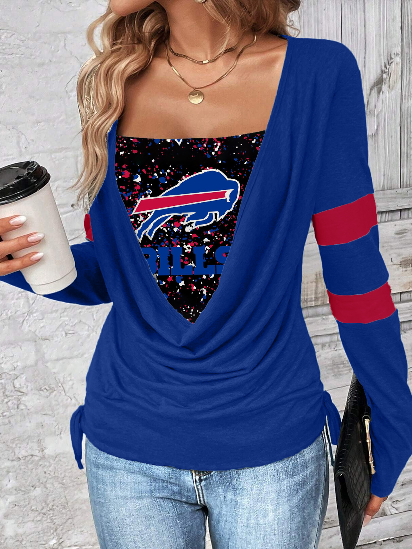 Contrast draped side drawstring T-shirt