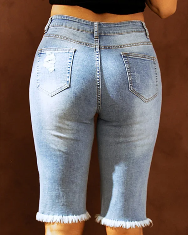 casual fashion perforated printed jeans