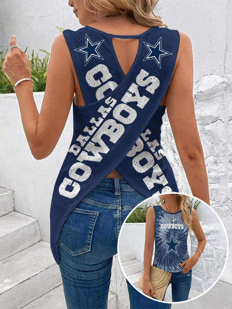 Dallas Cowboys Cut Out Wrap Cross Wrap Back Asymmetrical Beach Tank Top
