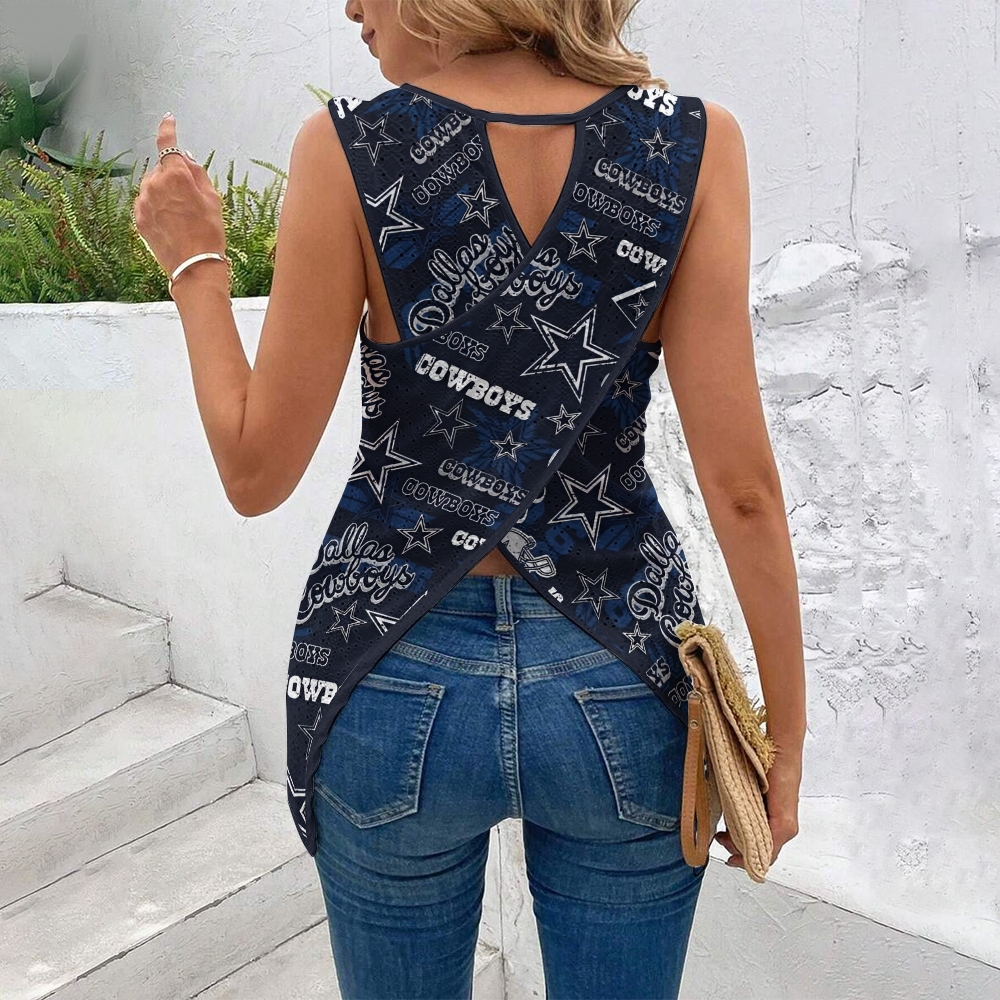 Cowboys Cut Out Wrap Cross Wrap Back Asymmetrical Beach Tank Top