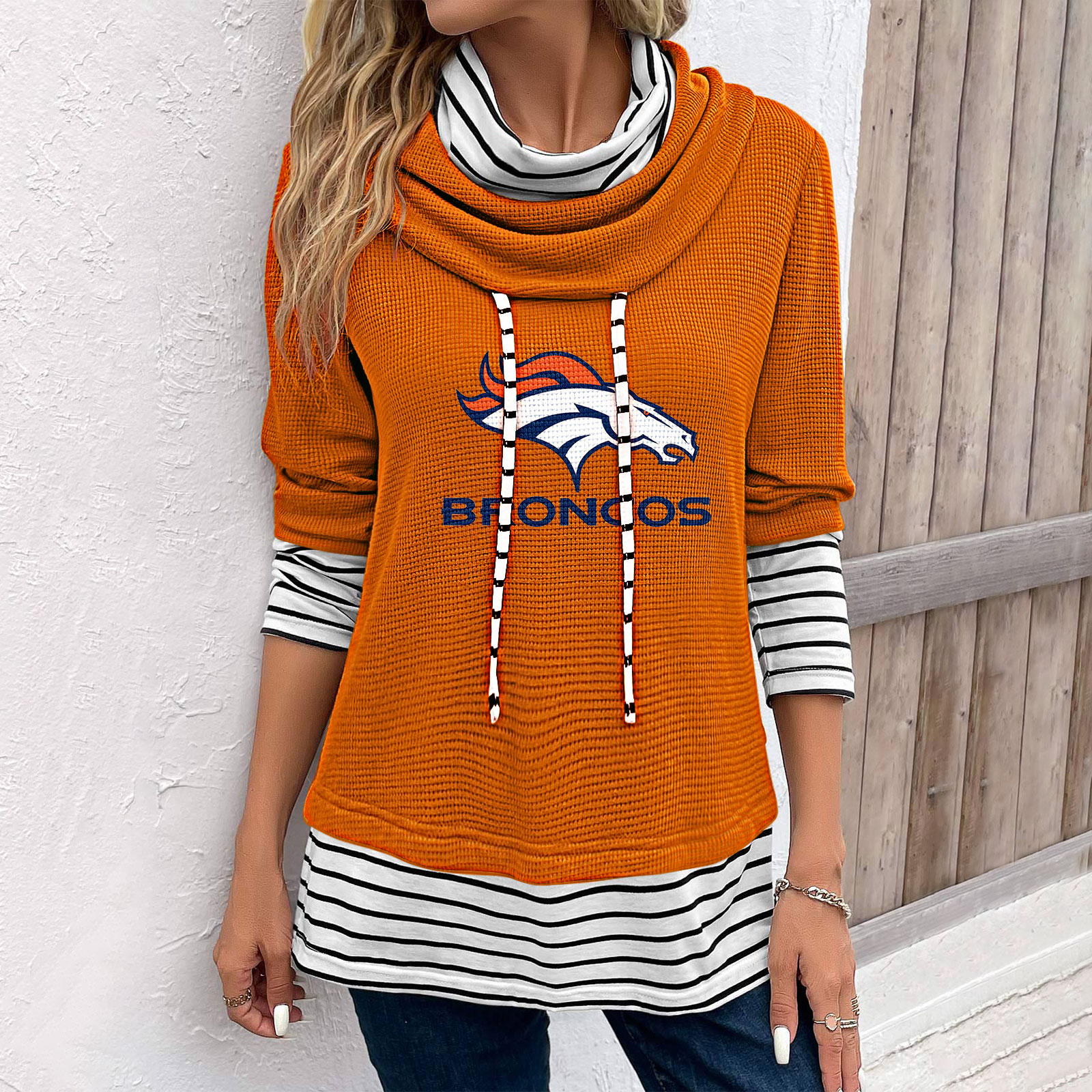 Patchwork Striped Cowl Neck Long Sleeve Sweatshirt