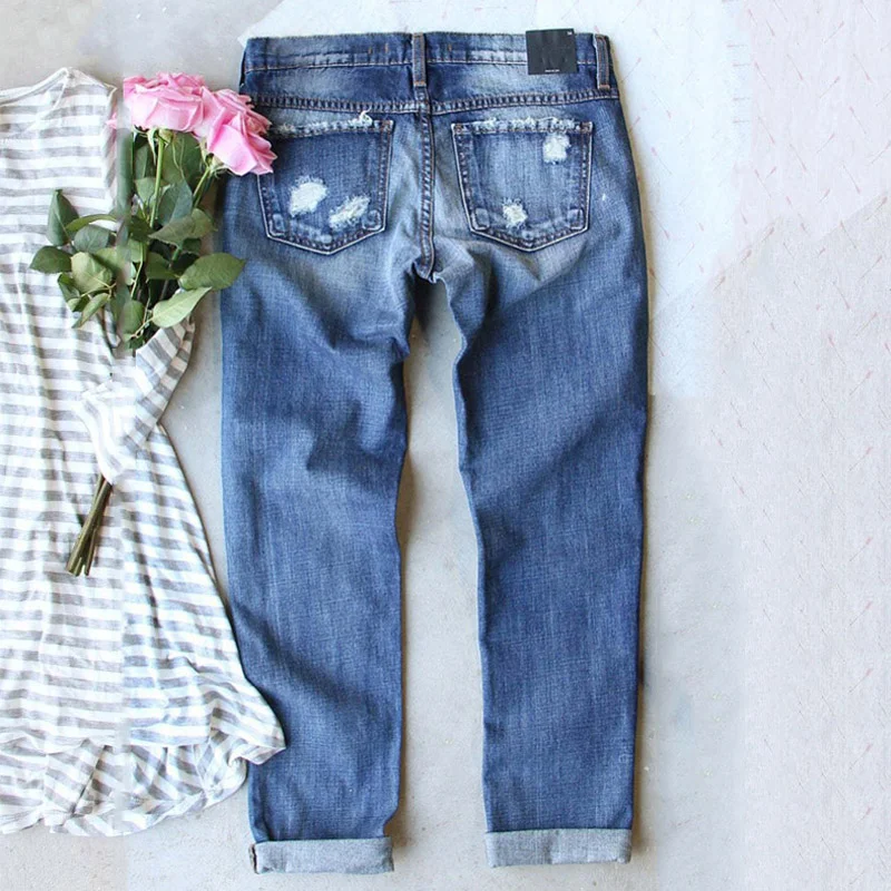 STRETCH RIPPED FRAYED RAW HEM DISTRESSED DENIM JEANS WITH HOLE