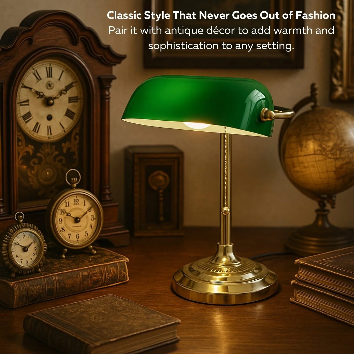 Traditional Bankers Desk Lamp With Green Glass Shade