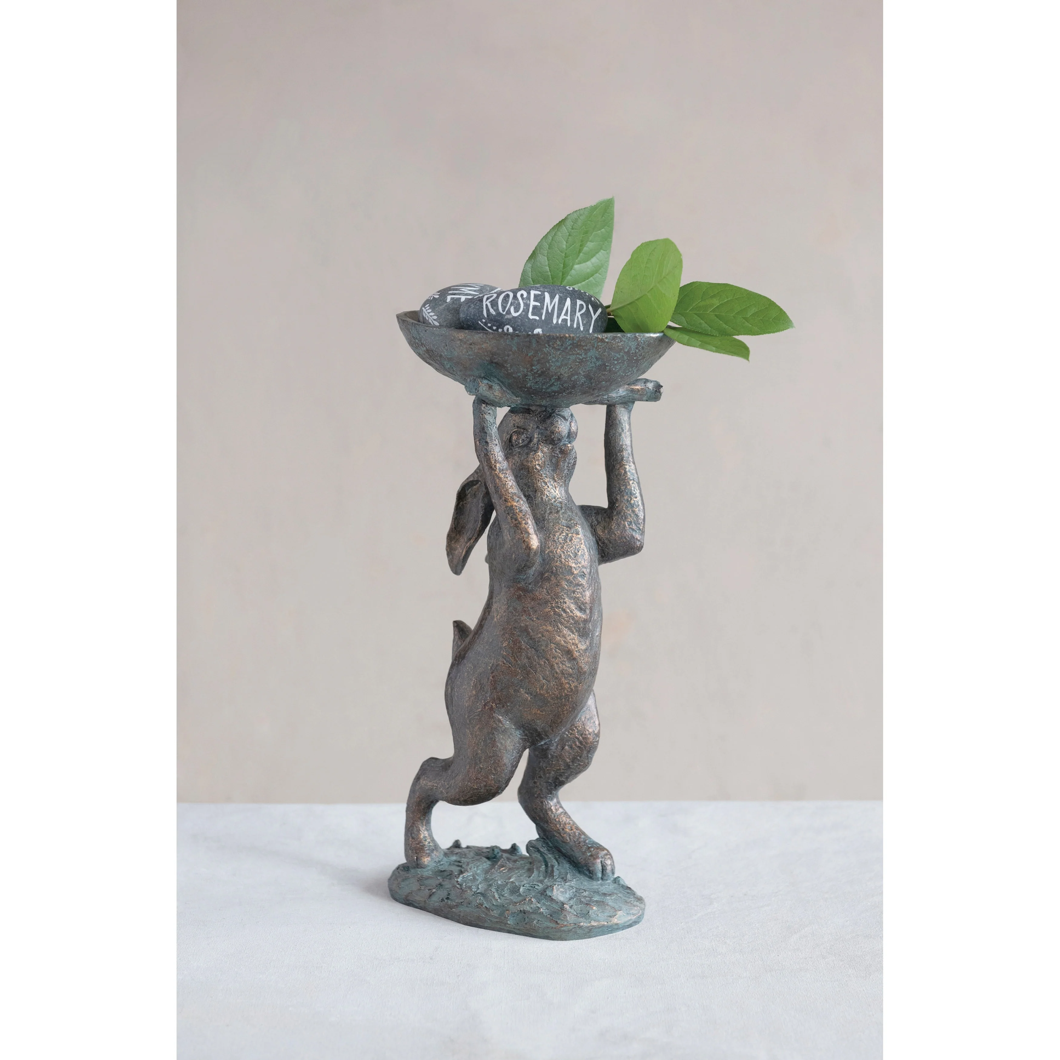 Decorative Resin Rabbit Bird Bath, Green Patina Finish