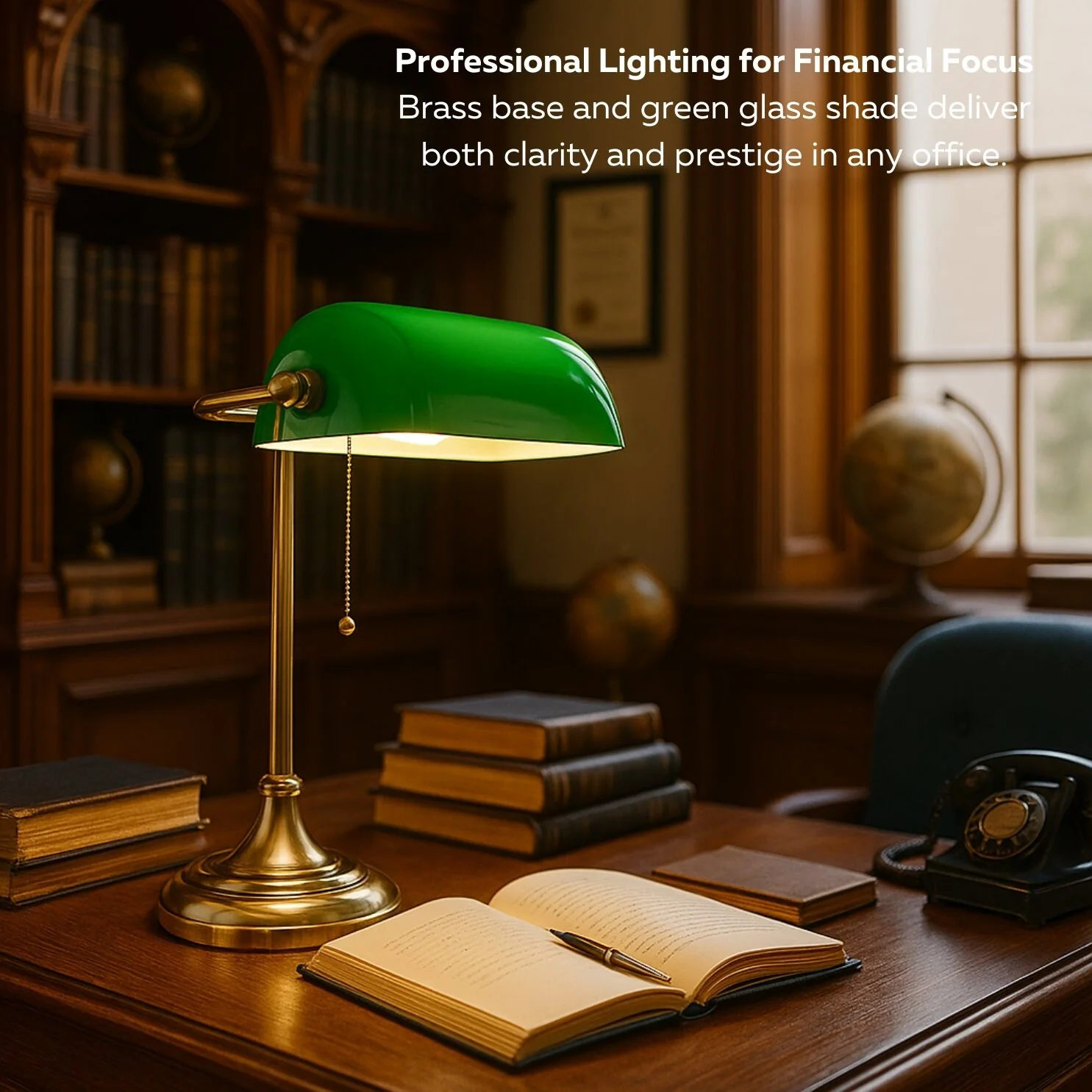 Traditional Bankers Desk Lamp With Green Glass Shade
