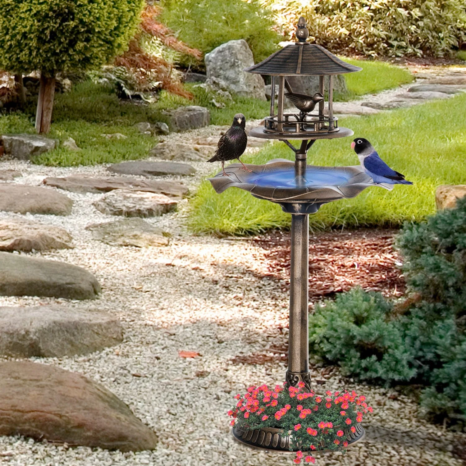 3-in-1 Resin Free Standing Garden Pedestal Bird Bath Bowl Feeder Planter - Bronze