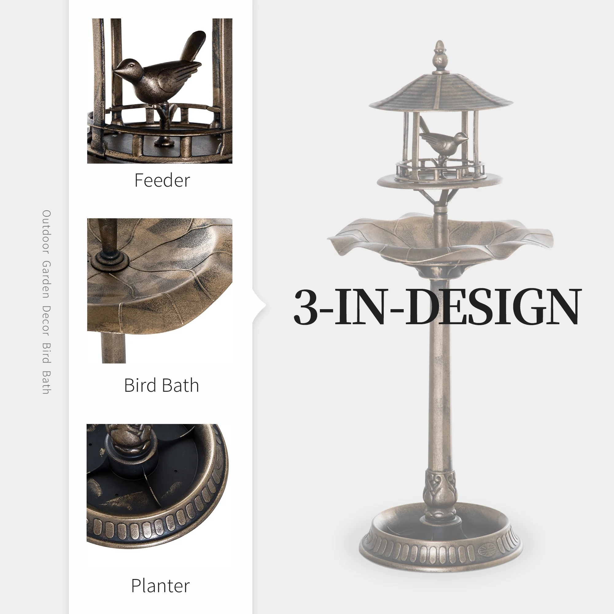 3-in-1 Resin Free Standing Garden Pedestal Bird Bath Bowl Feeder Planter - Bronze