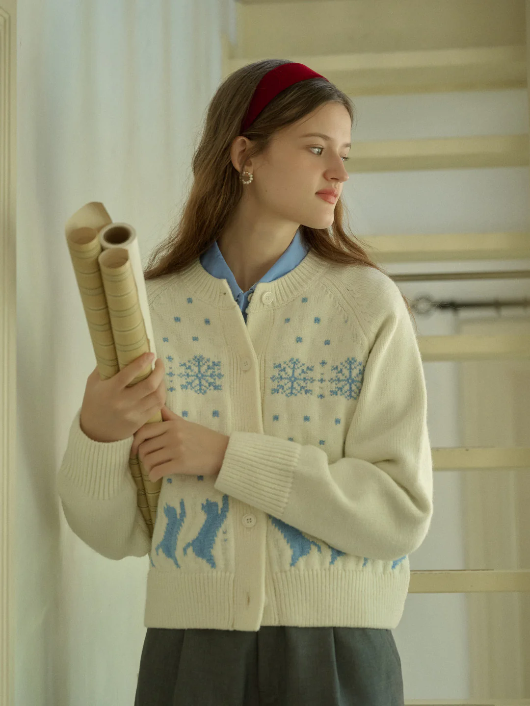 Classic Crew Neck Cat Snowflake Contrast Cardigan