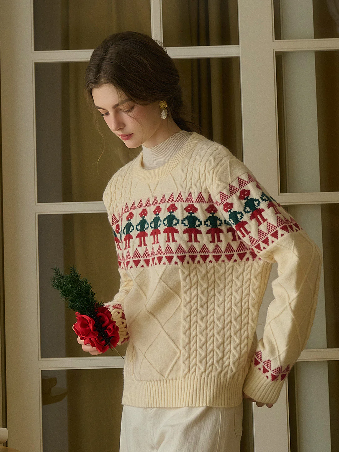 Fair Isle Ribbed Round Neck Christmas Pattern Knit Sweater