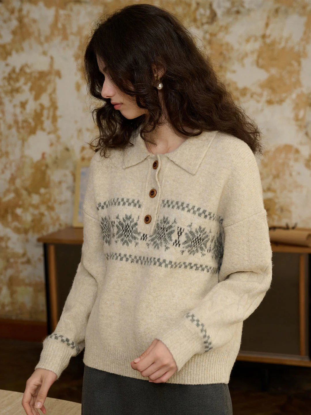Snowflake Jacquard Polo Fair Isle Knit Sweater