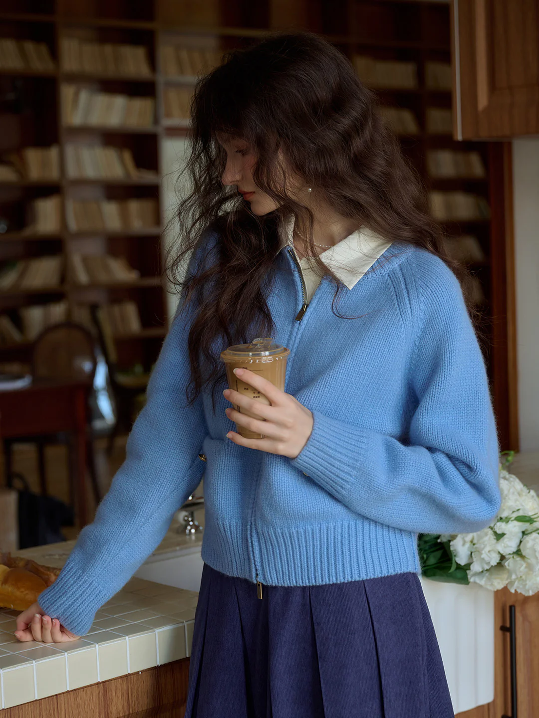 Classic Ribbed Crew Neck Pocket 100% Wool Cardigan-Pink