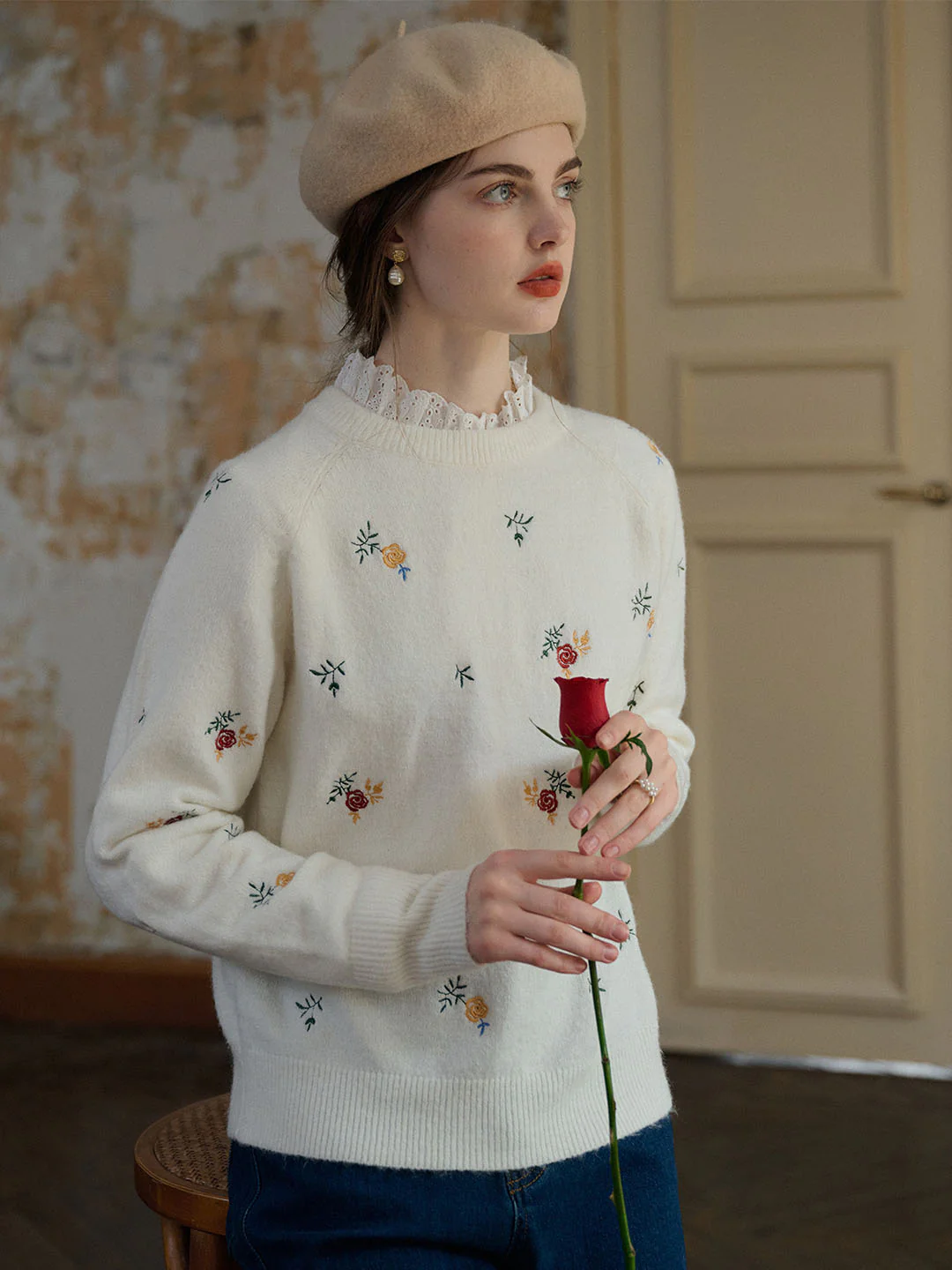 Floral Embroidery Raglan Sleeve Sweater
