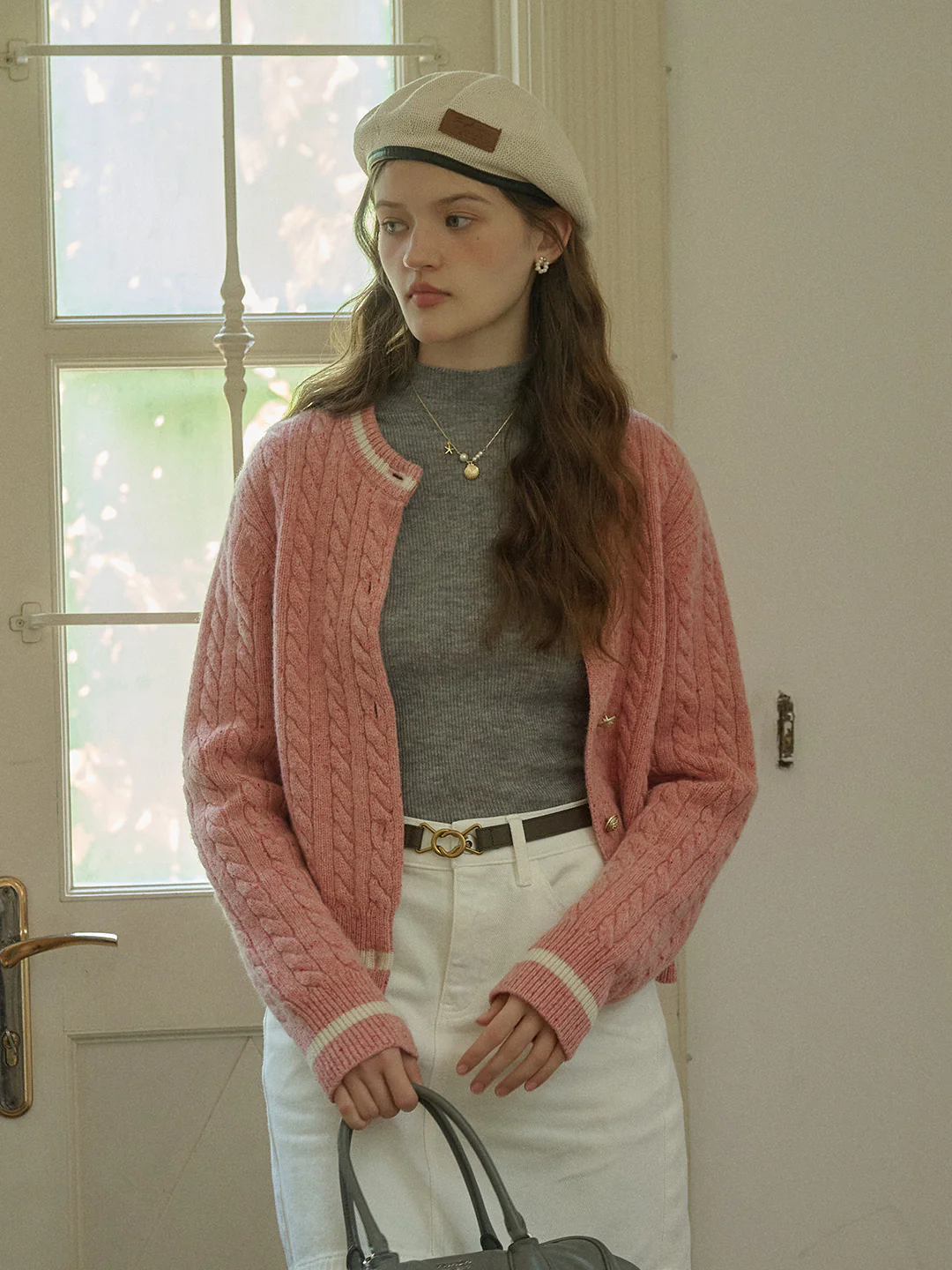 Logo Embroidery Crew Neck Contrast Striped 100% Wool Cardigan